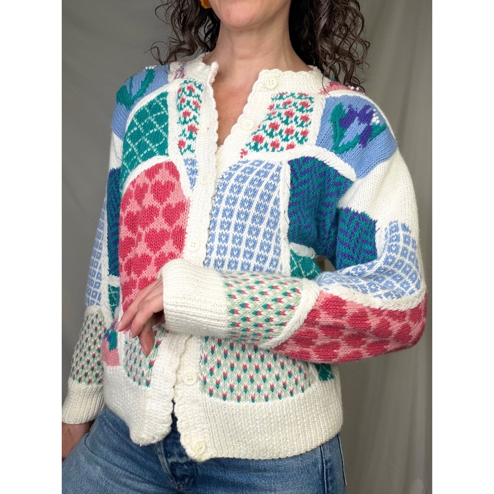 Vintage Orvis Patchwork Cardigan Sweater Floral Heart Knit Ramie Cotton S - Picture 11 of 13